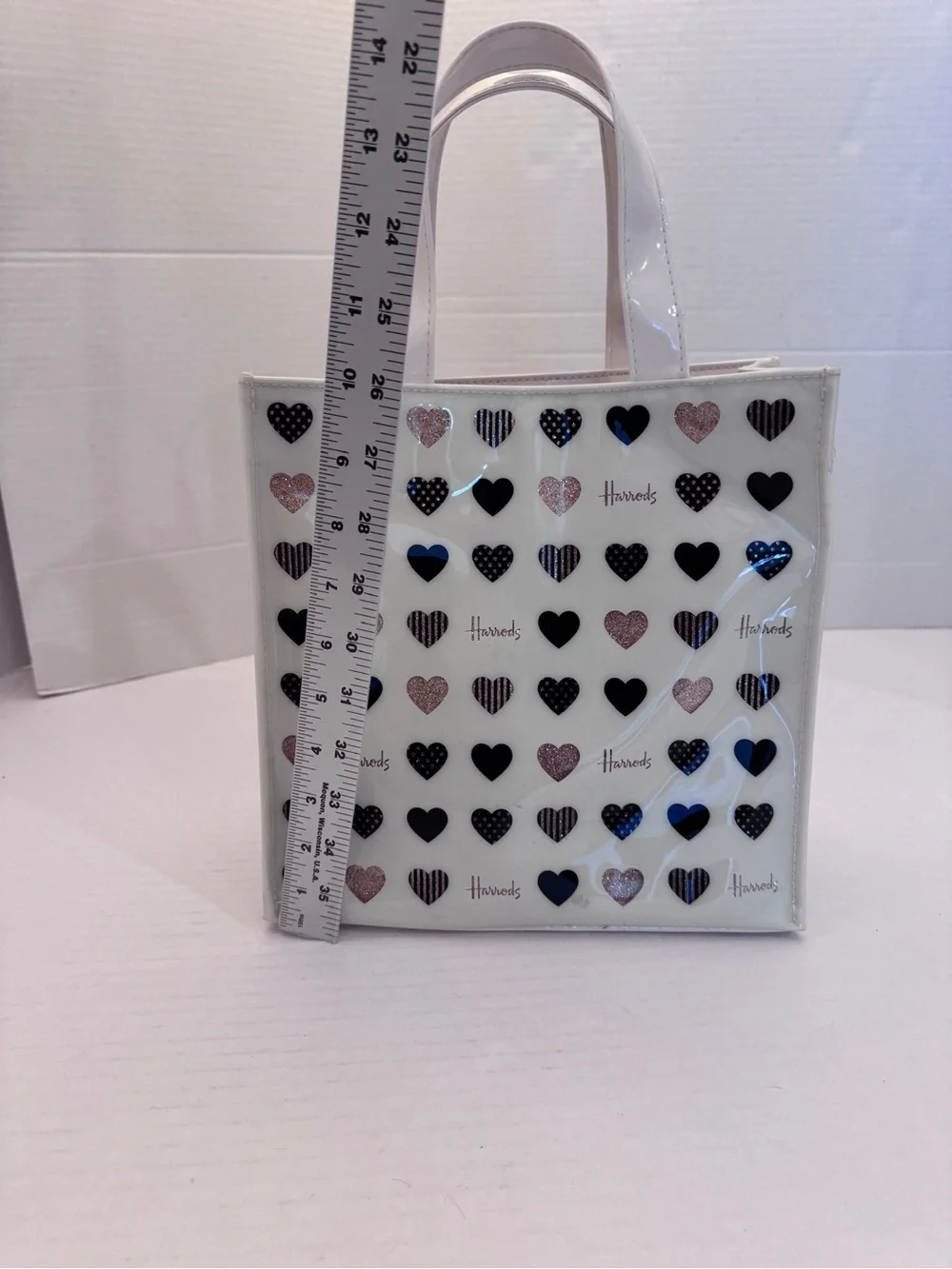 HARROD'S LONDON Signature Vinyl Coated Tote Bag Glitter Hearts Snap Closure